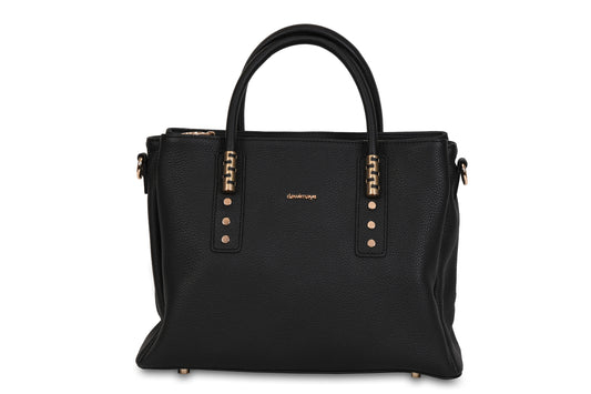 Ayana Black Pebble Grain Leather Large Handbag made by Dewi Maya front view available at the best boutique in Upstate South Carolina Spartanburg Greenville Dewi Maya Boutique