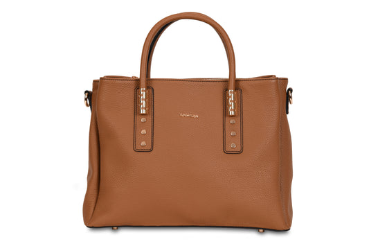 Ayana Brown Tan Pebble Grain Leather Large Handbag made by Dewi Maya front view available at the best boutique in Upstate South Carolina Spartanburg Greenville Dewi Maya Boutique