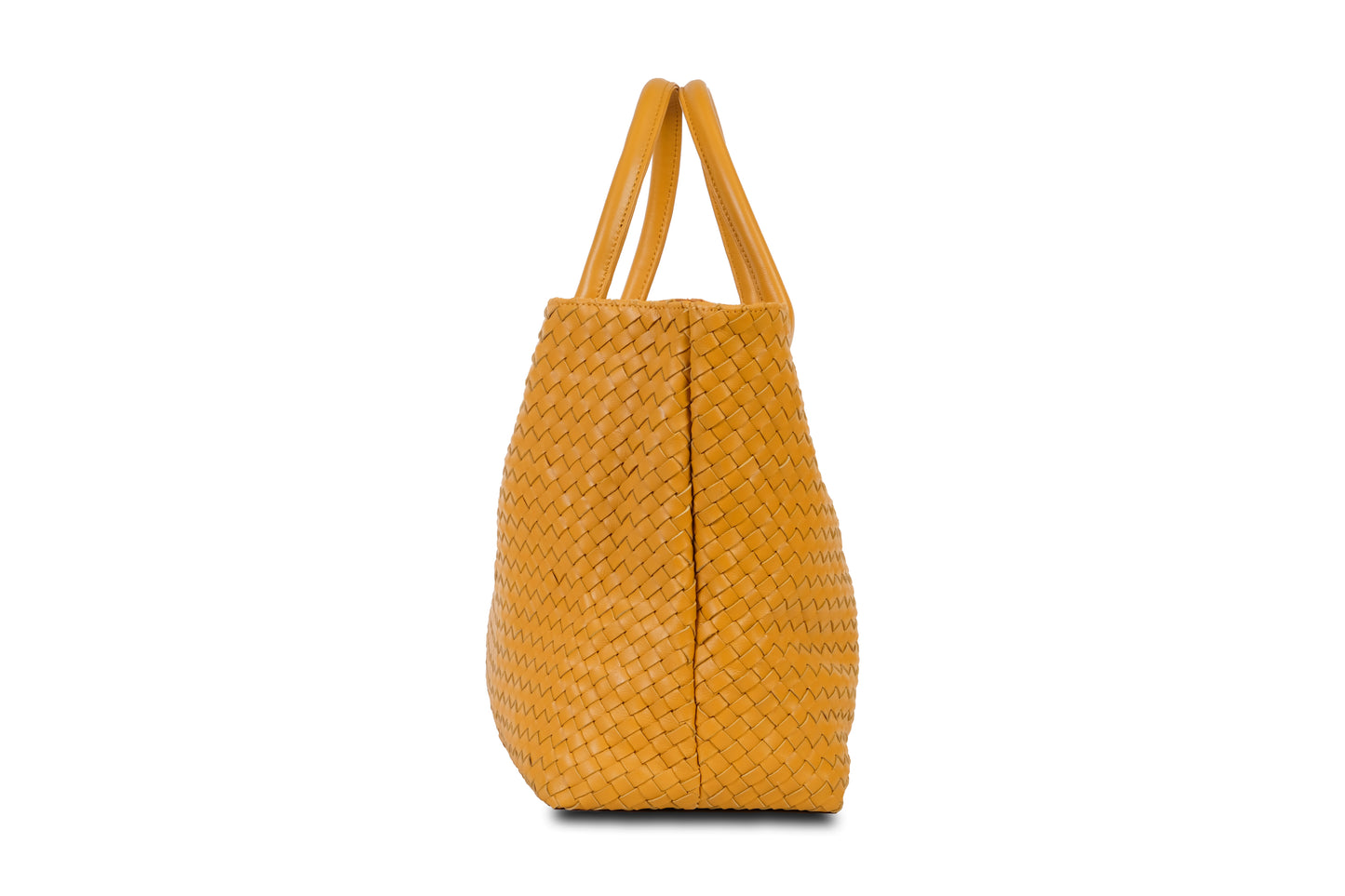 Destarina Autumn Yellow Crosshatch Leather Tote Bag Handbag made by Dewi Maya side view available at the best boutique in Upstate South Carolina Spartanburg Greenville Dewi Maya Boutique