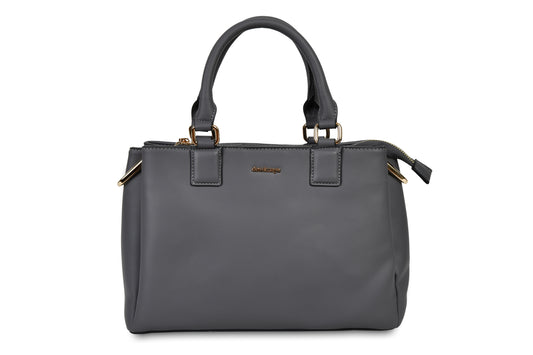 Karina Grey Black Faux Leather Handbag made by Dewi Maya front view available at the best boutique in Upstate South Carolina Spartanburg Greenville Dewi Maya Boutique