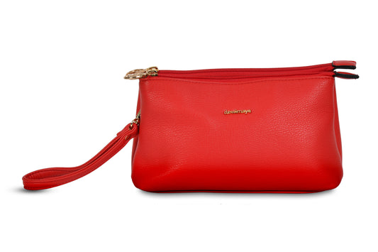 Liliana Red Pebble Grain Faux Leather Handbag Clutch Make up Pouch made by Dewi Maya front view available at the best boutique in Upstate South Carolina Spartanburg Greenville Dewi Maya Boutique