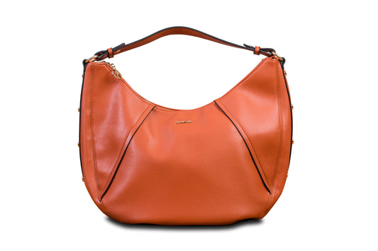 Luna Orange Sunset Crescent Pebble Grain Faux Leather Handbag made by Dewi Maya front view available at the best boutique in Upstate South Carolina Spartanburg Greenville Dewi Maya Boutique