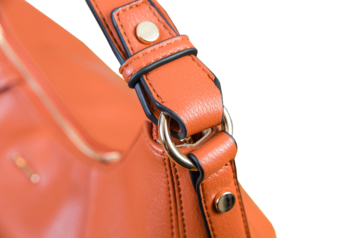 Luna Orange Sunset Crescent Pebble Grain Faux Leather Handbag made by Dewi Maya strap attachment available at the best boutique in Upstate South Carolina Spartanburg Greenville Dewi Maya Boutique