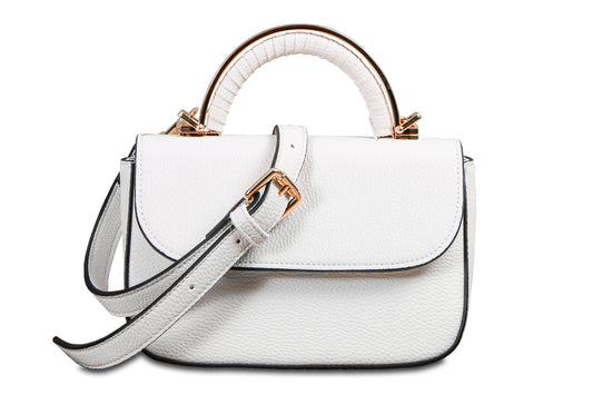 Mini Crossbody Pebble Grain Faux Leather Pearl White Handbag made by Dewi Maya front view available at the best boutique in Upstate South Carolina Spartanburg Greenville Dewi Maya Boutique