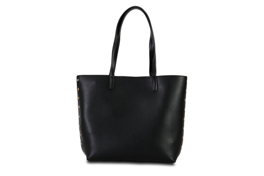 Rowi Pebble Grain Faux Leather Midnight Black Tote Bag Handbag made by Dewi Maya front view available at the best boutique in Upstate South Carolina Spartanburg Greenville Dewi Maya Boutique