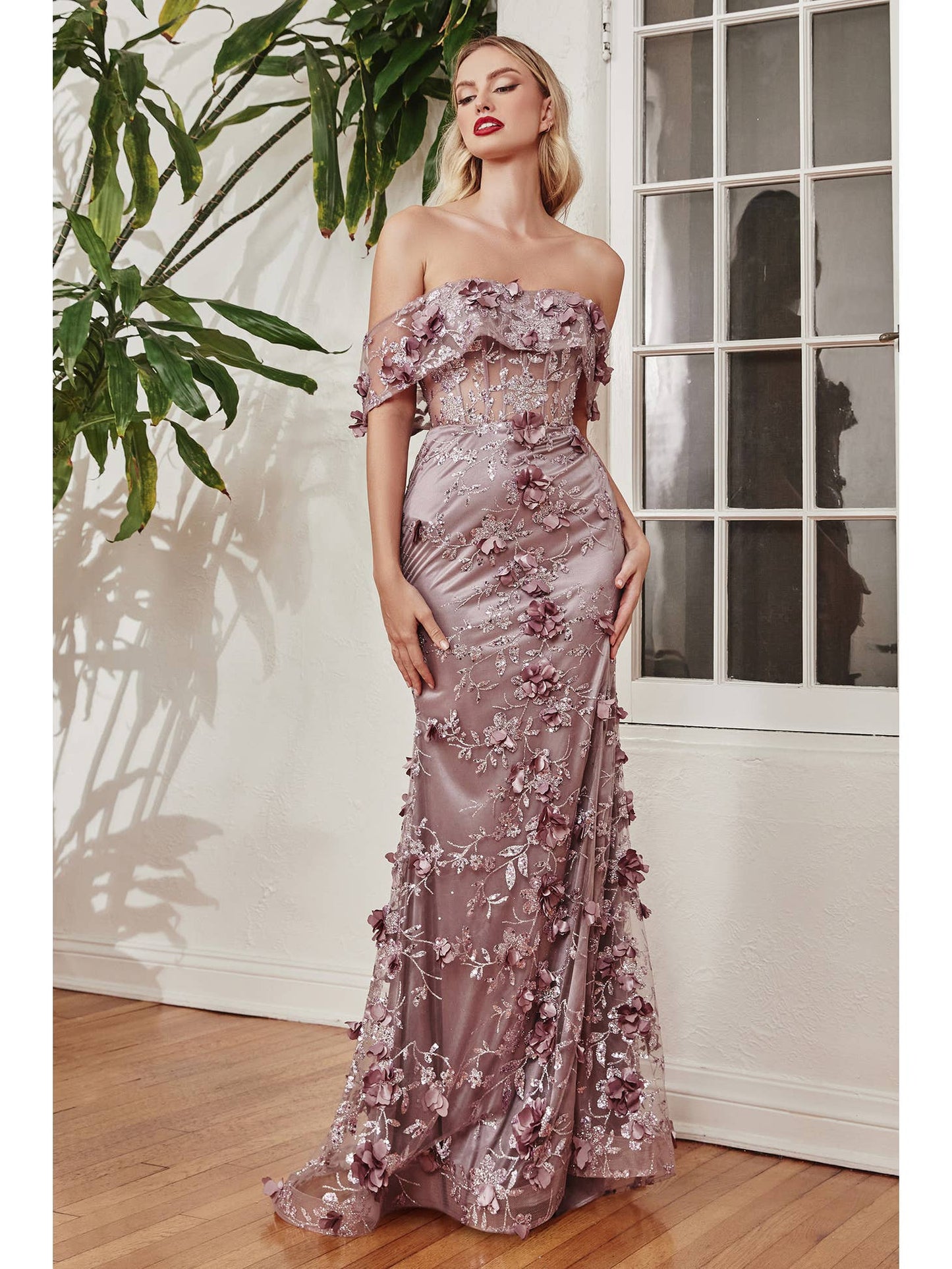 Floral Print Fitted Off the Shoulder Gown