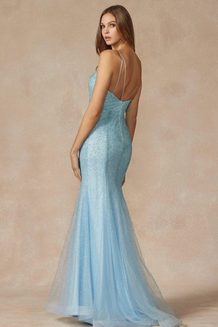 Glitter Mesh Fitted Evening Prom Gown