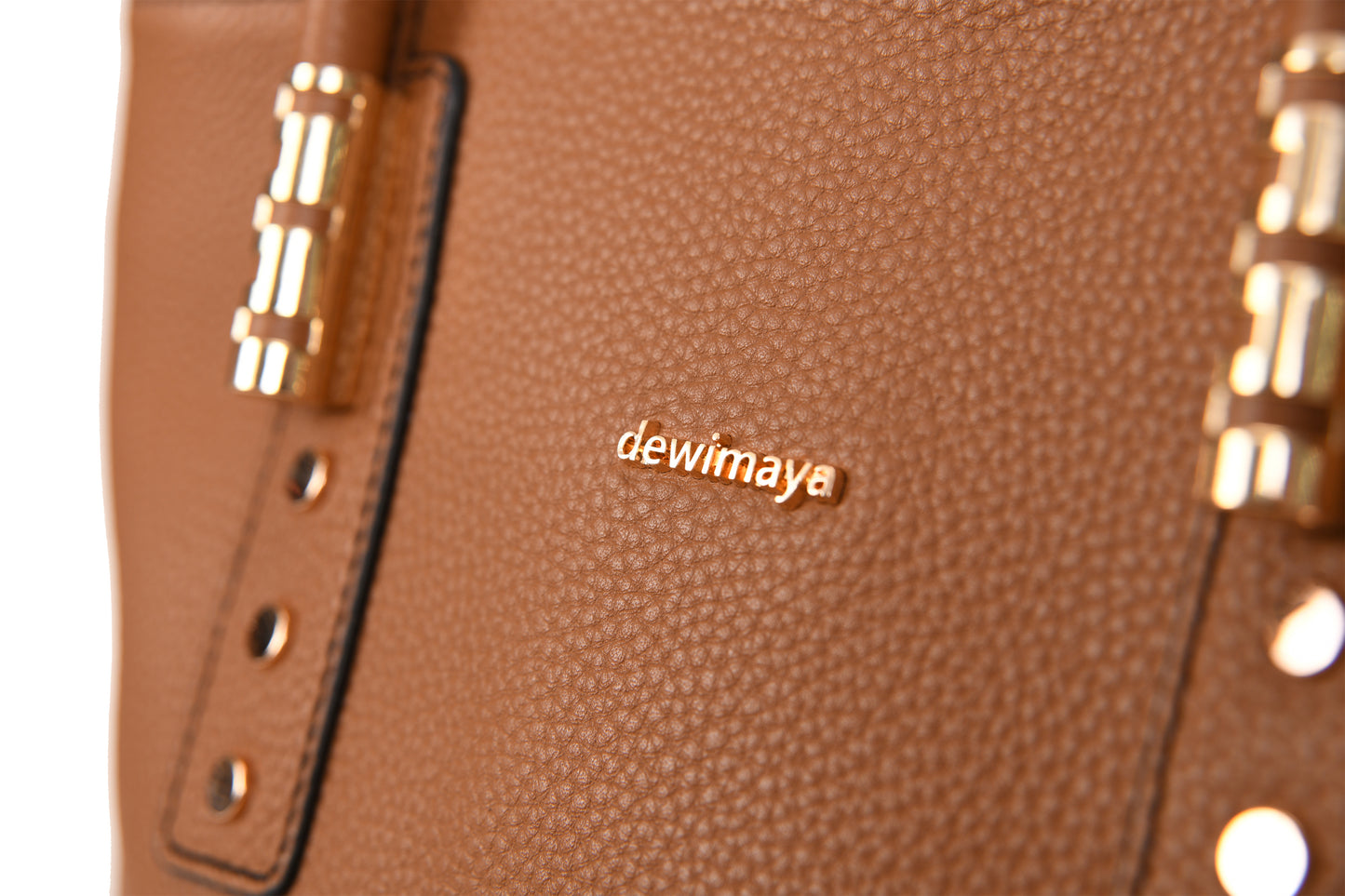 Ayana Brown Tan Pebble Grain Leather Large Handbag made by Dewi Maya gold logo available at the best boutique in Upstate South Carolina Spartanburg Greenville Dewi Maya Boutique