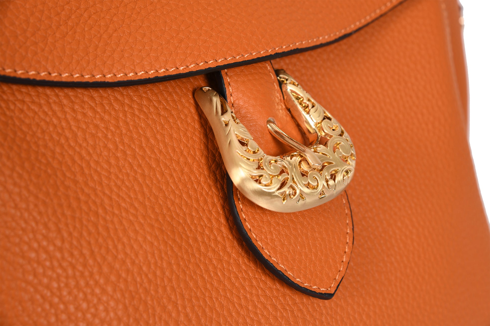 Bali Pebble Grain Leather Orange Sunset Handbag made by Dewi Maya gold buckle available at the best boutique in Upstate South Carolina Spartanburg Greenville Dewi Maya Boutique