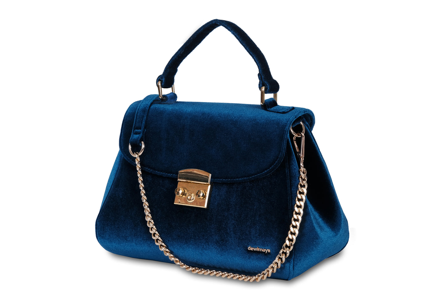 Charlotte Dark Blue Velvet Handbag made by Dewi Maya with gold chain strap available at the best boutique in Upstate South Carolina Spartanburg Greenville Dewi Maya Boutique