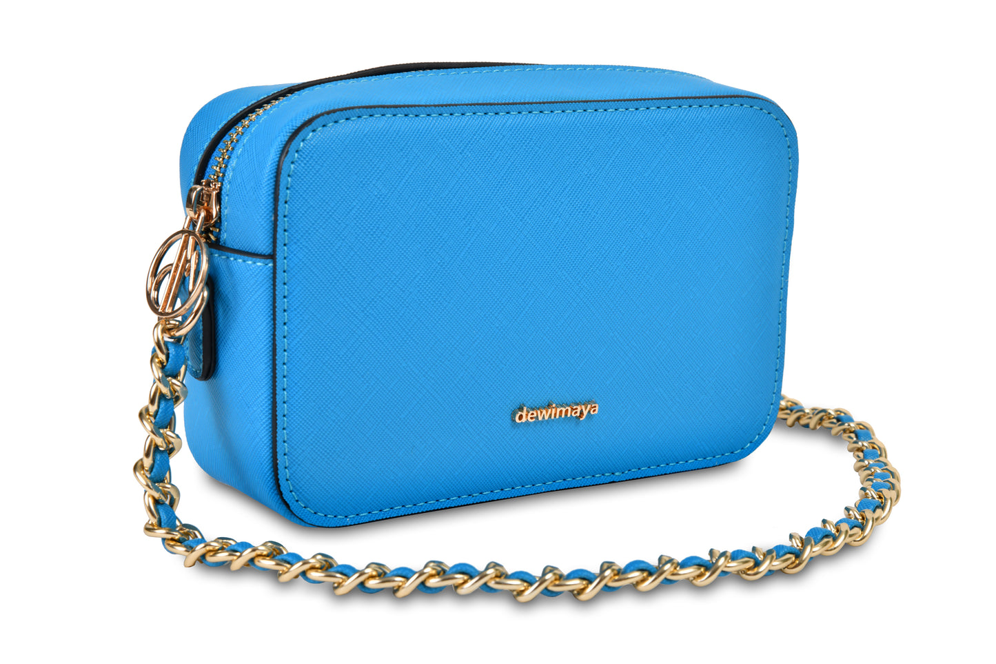 Chloe Blue Handbag made by Dewi Maya front view with gold shoulder strap chain available at the best boutique in Upstate South Carolina Spartanburg Greenville Dewi Maya Boutique