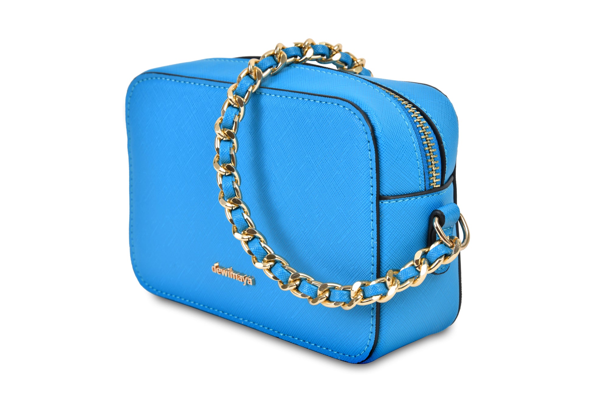 Chloe Blue Handbag made by Dewi Maya with gold shoulder strap chain available at the best boutique in Upstate South Carolina Spartanburg Greenville Dewi Maya Boutique