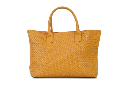 Destarina Autumn Yellow Crosshatch Leather Tote Bag Handbag made by Dewi Maya front view available at the best boutique in Upstate South Carolina Spartanburg Greenville Dewi Maya Boutique