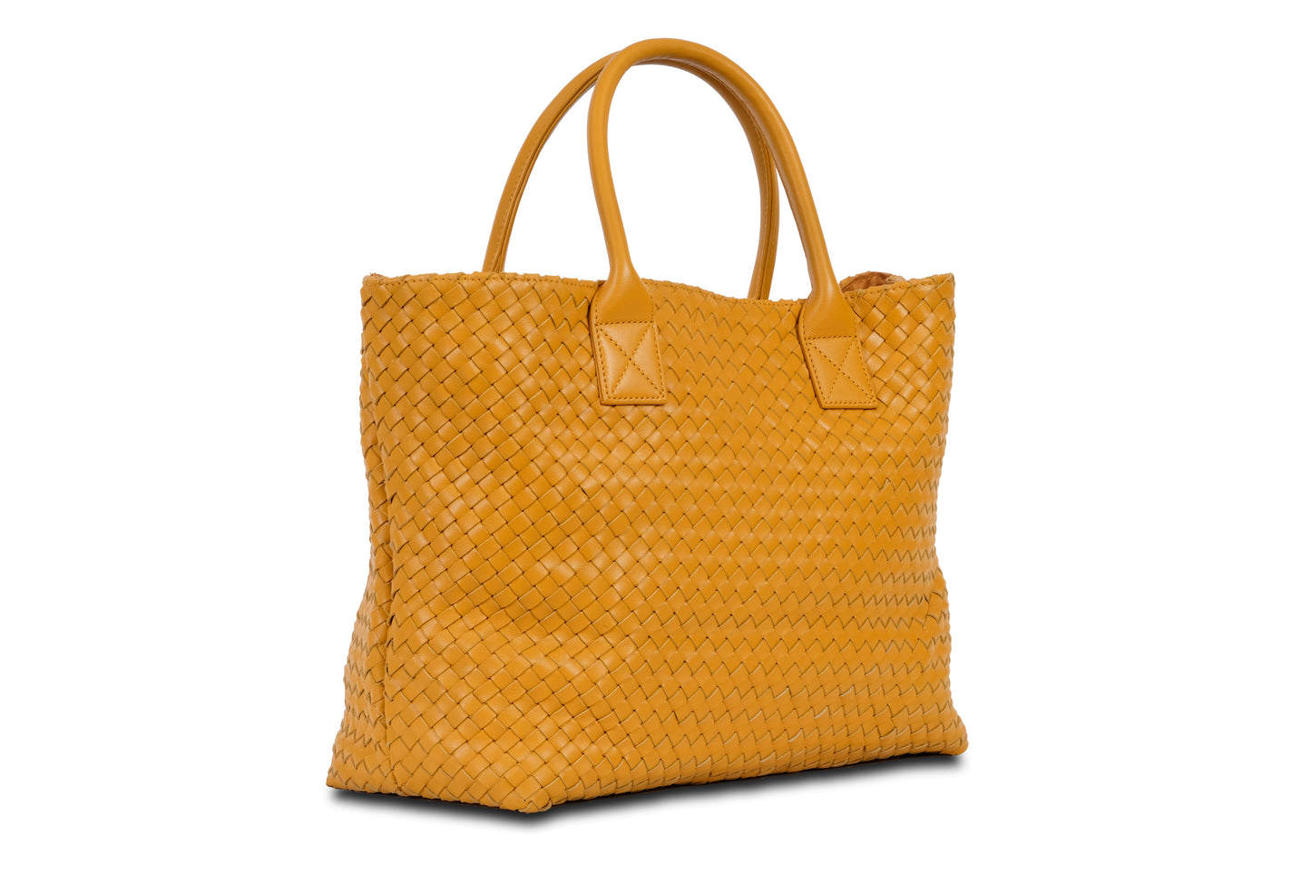 Destarina Autumn Yellow Crosshatch Leather Tote Bag Handbag made by Dewi Maya side view available at the best boutique in Upstate South Carolina Spartanburg Greenville Dewi Maya Boutique