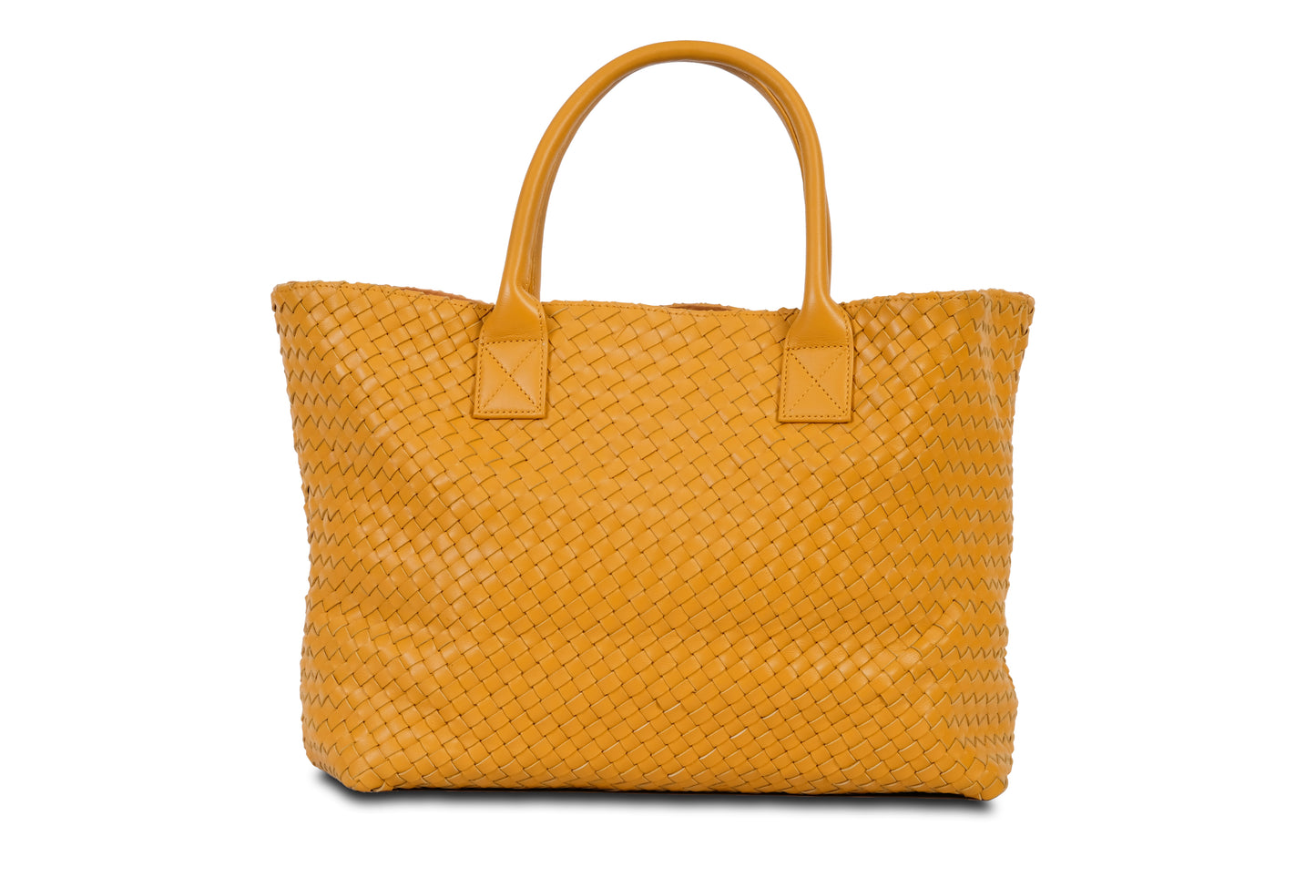Destarina Autumn Yellow Crosshatch Leather Tote Bag Handbag made by Dewi Maya back view available at the best boutique in Upstate South Carolina Spartanburg Greenville Dewi Maya Boutique