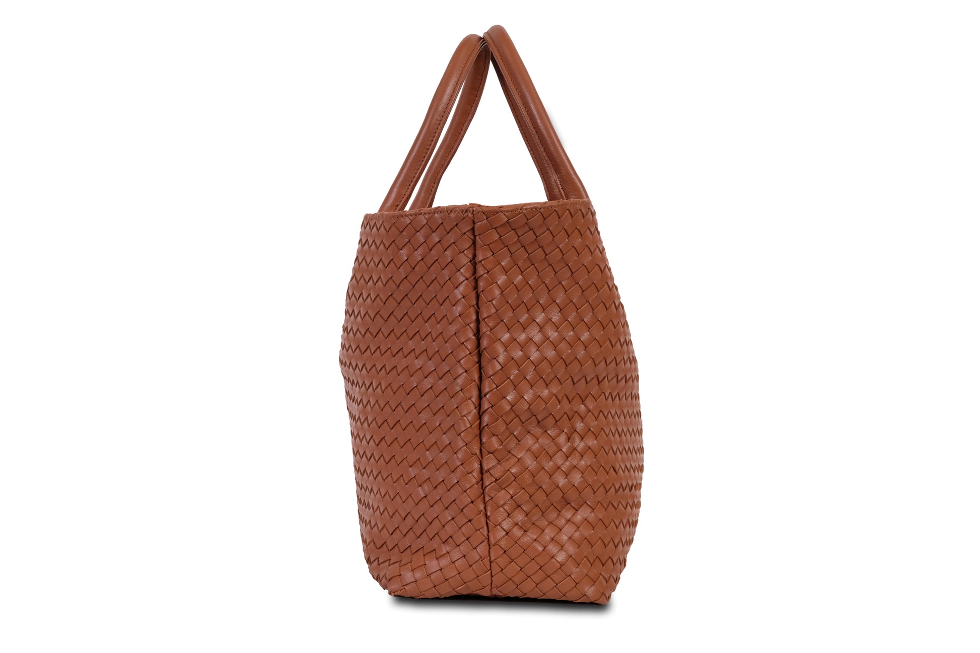 Destarina Coffee Brown Crosshatch Leather Tote Bag Handbag made by Dewi Maya side view available at the best boutique in Upstate South Carolina Spartanburg Greenville Dewi Maya Boutique