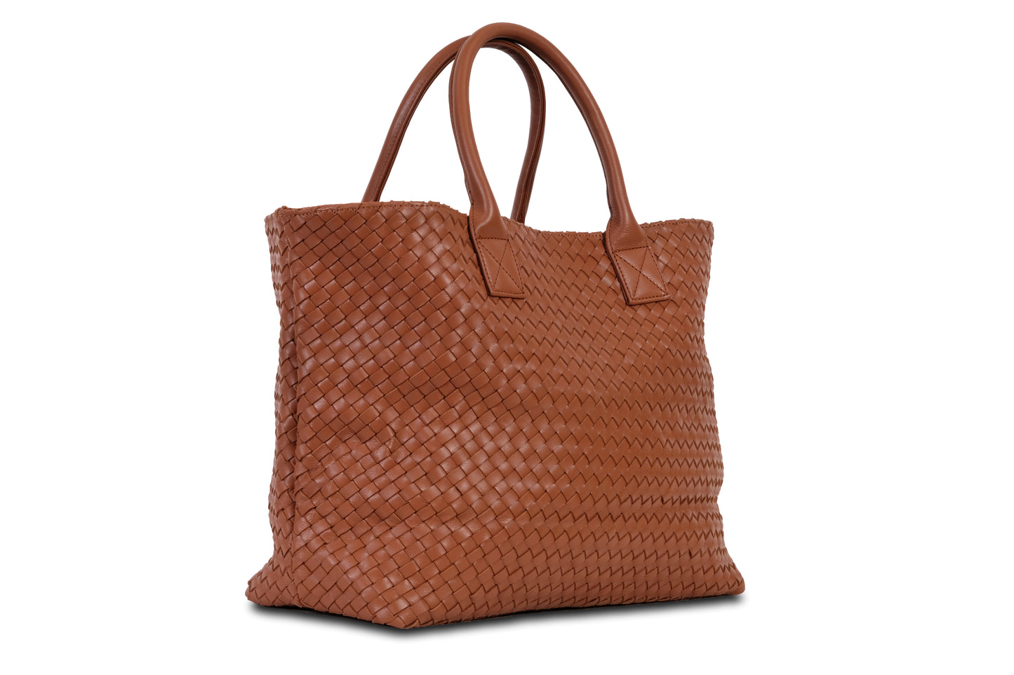 Destarina Coffee Brown Crosshatch Leather Tote Bag Handbag made by Dewi Maya side view available at the best boutique in Upstate South Carolina Spartanburg Greenville Dewi Maya Boutique