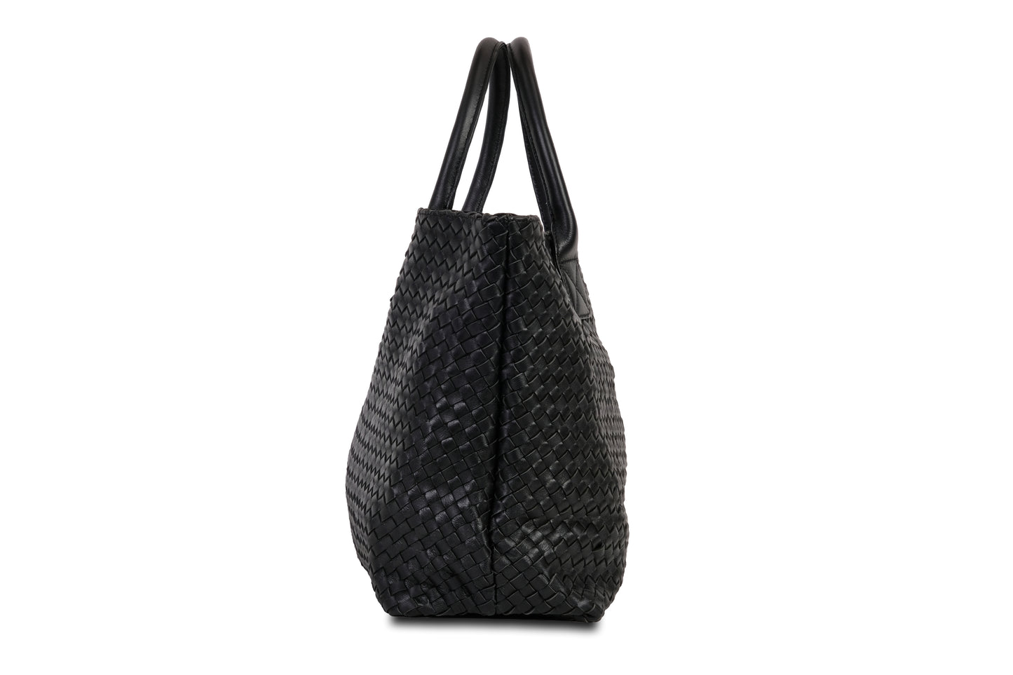 Destarina Midnight Black Crosshatch Leather Tote Bag Handbag made by Dewi Maya side view available at the best boutique in Upstate South Carolina Spartanburg Greenville Dewi Maya Boutique