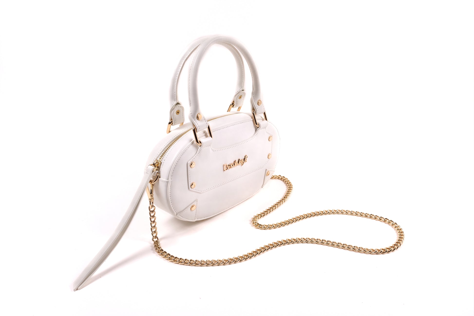 Jasmine White Leather Handbag Made by Dewi Maya front view with gold shoulder strap chain available at the best boutique in Upstate South Carolina Spartanburg Greenville Dewi Maya Boutique