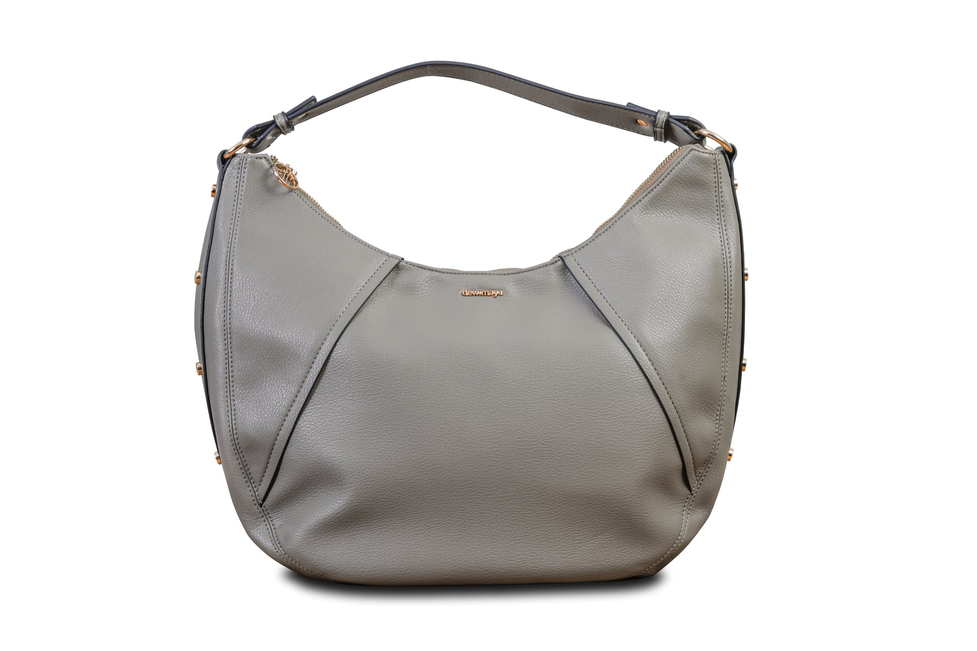Luna Gray Crescent Pebble Grain Faux Leather Handbag made by Dewi Maya front view available at the best boutique in Upstate South Carolina Spartanburg Greenville Dewi Maya Boutique