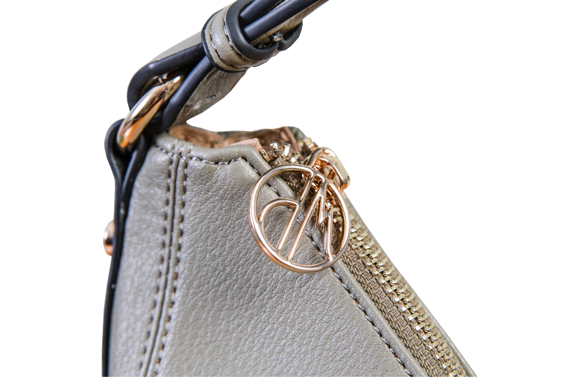 Luna Gray Crescent Pebble Grain Faux Leather Handbag made by Dewi Maya gold zipper pull available at the best boutique in Upstate South Carolina Spartanburg Greenville Dewi Maya Boutique