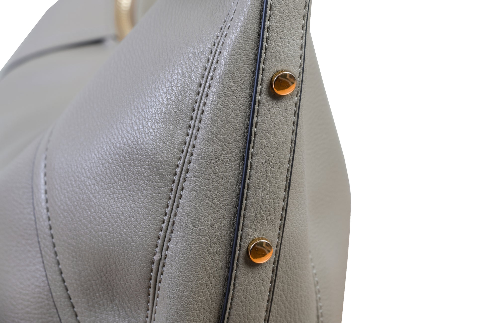 Luna Gray Crescent Pebble Grain Faux Leather Handbag made by Dewi Maya detail photo of gold rivets available at the best boutique in Upstate South Carolina Spartanburg Greenville Dewi Maya Boutique