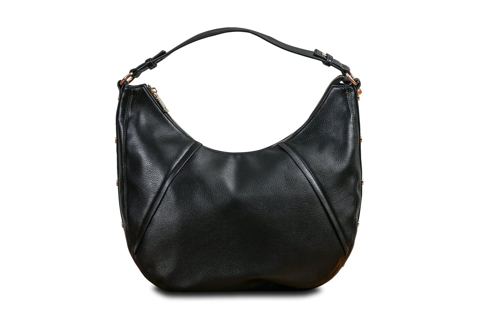 Luna Midnight Black Crescent Pebble Grain Faux Leather Handbag made by Dewi Maya front view available at the best boutique in Upstate South Carolina Spartanburg Greenville Dewi Maya Boutique