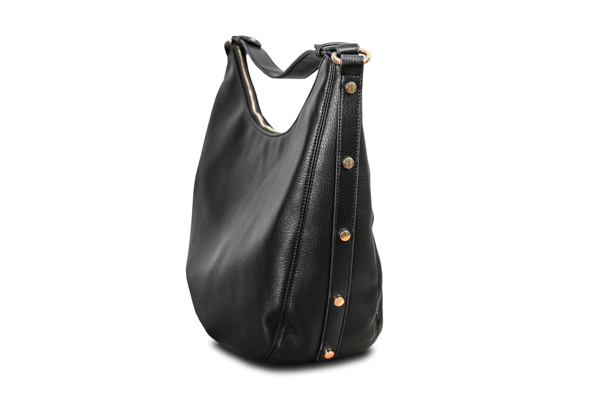Luna Midnight Black Crescent Pebble Grain Faux Leather Handbag made by Dewi Maya side view available at the best boutique in Upstate South Carolina Spartanburg Greenville Dewi Maya Boutique
