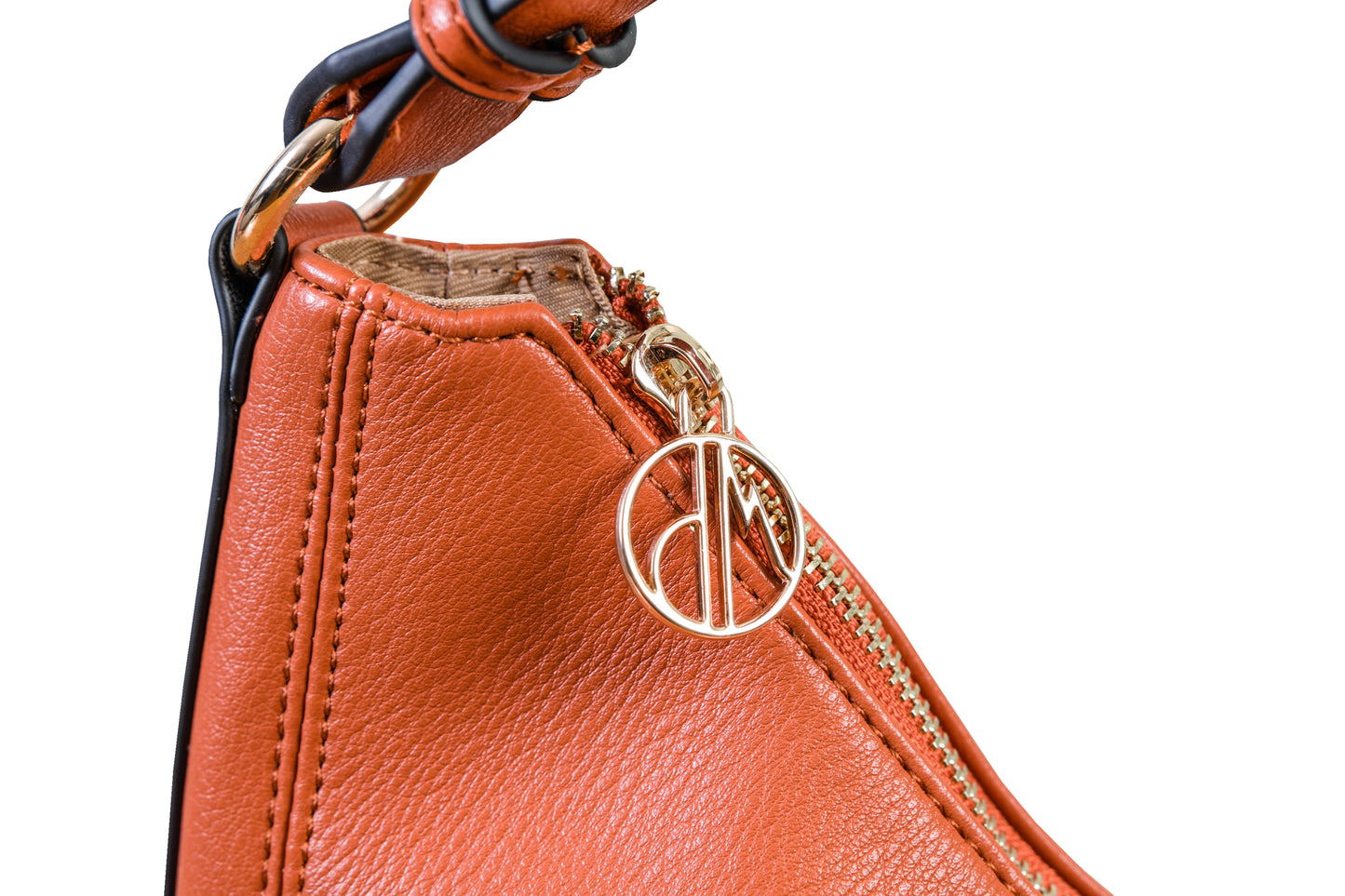 Luna Orange Sunset Crescent Pebble Grain Faux Leather Handbag made by Dewi Maya gold zipper pull available at the best boutique in Upstate South Carolina Spartanburg Greenville Dewi Maya Boutique