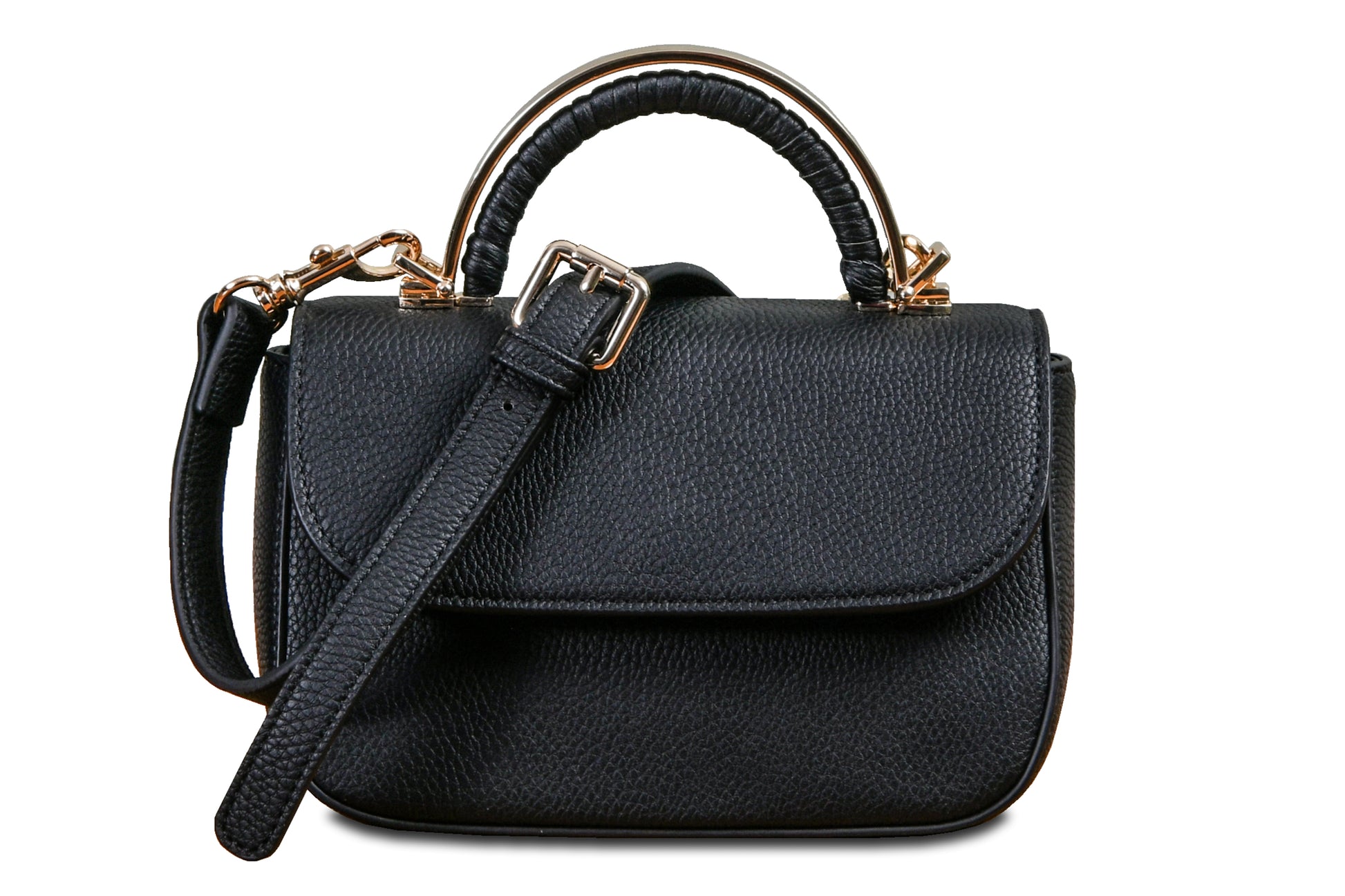 Mini Crossbody Pebble Grain Faux Leather Midnight Black Handbag made by Dewi Maya front view available at the best boutique in Upstate South Carolina Spartanburg Greenville Dewi Maya Boutique