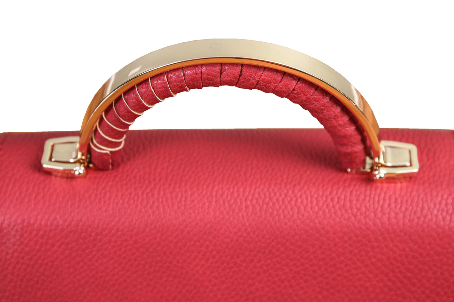 Mini Crossbody Pebble Grain Faux Leather Scarlet Red Handbag made by Dewi Maya gold arched handle available at the best boutique in Upstate South Carolina Spartanburg Greenville Dewi Maya Boutique