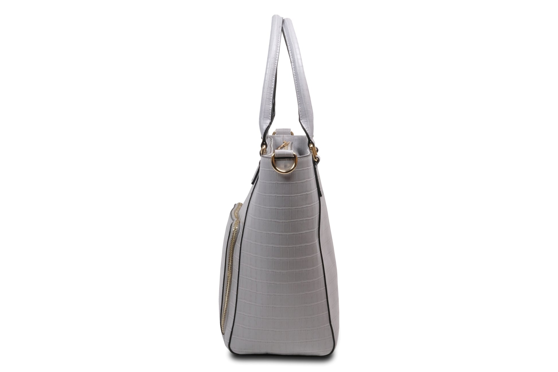 Tiara Faux Leather Gray Tote Bag Handbag made by Dewi Maya side view available at the best boutique in Upstate South Carolina Spartanburg Greenville Dewi Maya Boutique